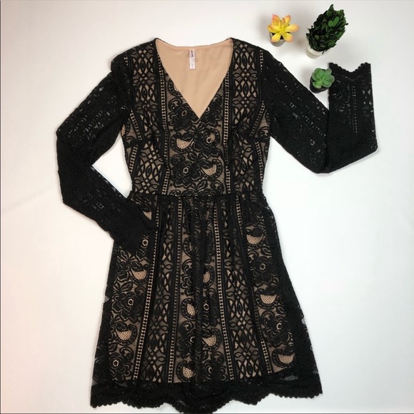 Xhilaration Dresses & Skirts - BLACK NUDE LACE OVERLAY V NECK DRESS NWOT